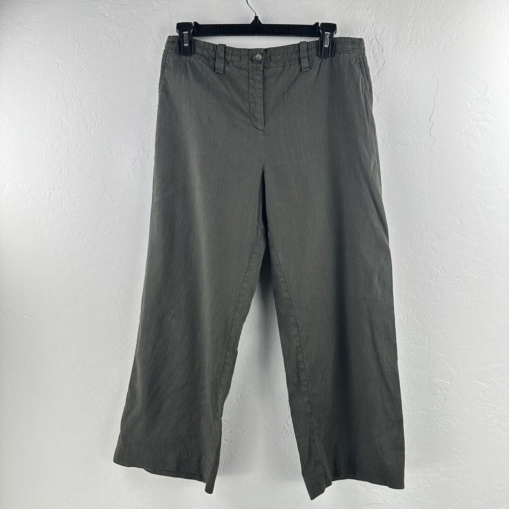 Theory Fluid Pants Womens 4 Army Green Wide Leg Ankle Cropped‎ Stretch Linen